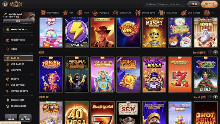 Gransino Casino Lobby mit Slots und Kategorien