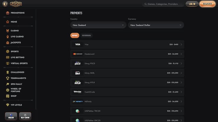 Gransino Kassenbereich mit Zahlungsmethoden: Visa, Mastercard, Wallets